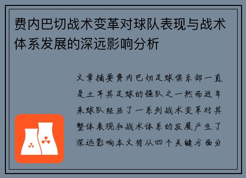 费内巴切战术变革对球队表现与战术体系发展的深远影响分析