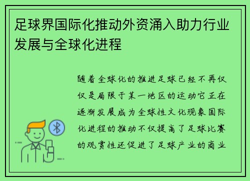 足球界国际化推动外资涌入助力行业发展与全球化进程 足球界国际化推动外资涌入助力行业发展与全球化进程