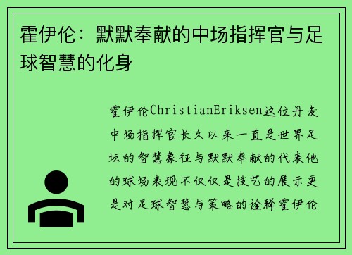 霍伊伦：默默奉献的中场指挥官与足球智慧的化身