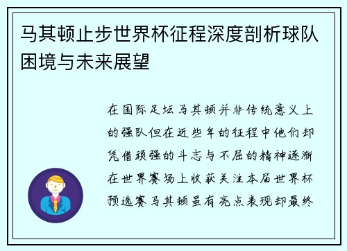 马其顿止步世界杯征程深度剖析球队困境与未来展望