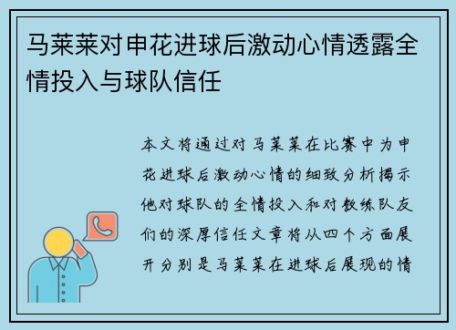 马莱莱对申花进球后激动心情透露全情投入与球队信任